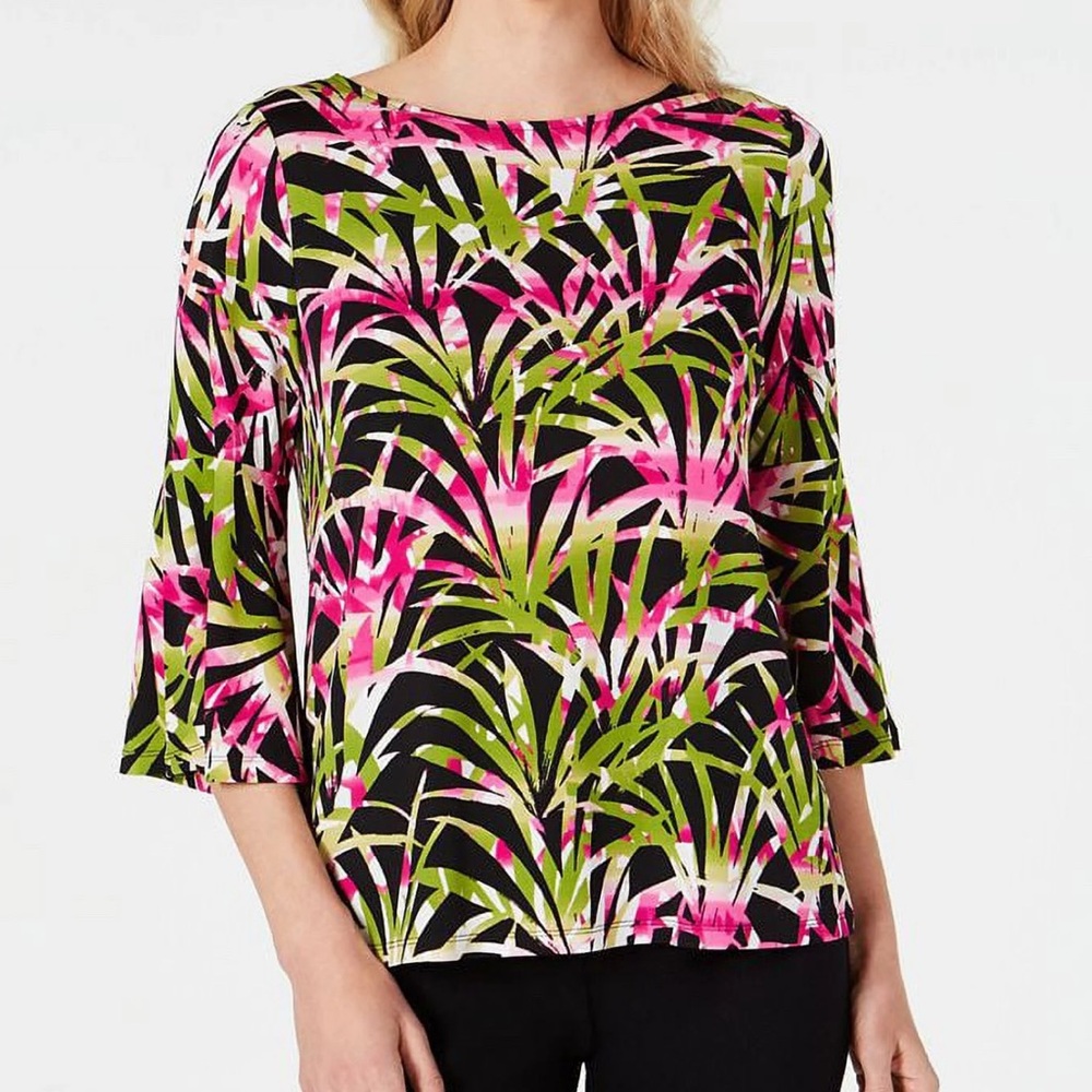 Kasper Pink and Green Tropical Print Blouse